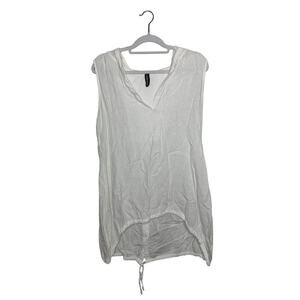 Inizio White Sleeveless Hooded Tie Hem Lagenlook Button-Back Linen Tunic